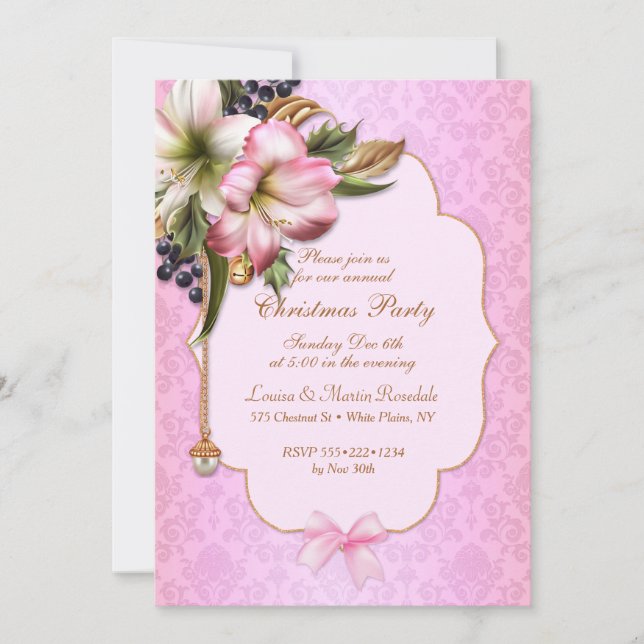 Rosa Damask Victorian Blommigt Ornament Pearl Inbjudningar (Framsida)