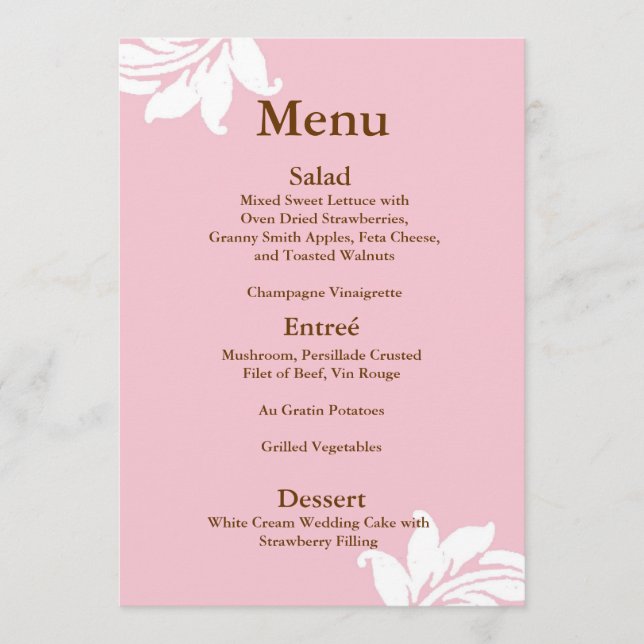 Rosa Damask Wedding Menu Meny (Framsida)