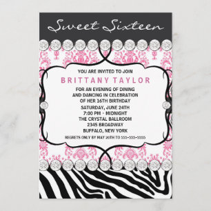 Rosa Damask Zebra Sweet Sixteen Födelsedagsfest Inbjudningar
