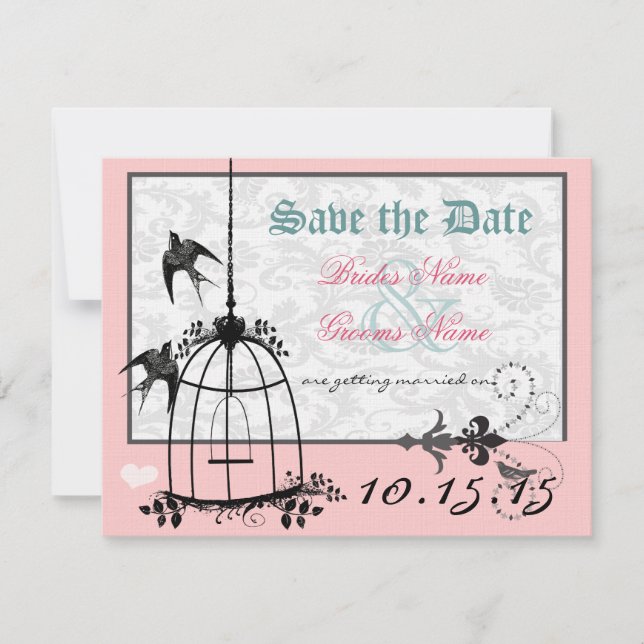 Rosa Damast Fågelbur Bröllop Save the Date Inbjudningar (Framsida)