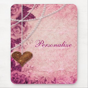 Rosa damast, pärlor, hjärta & ro Mousepad Musmatta