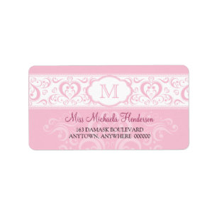 Rosa damastast Monogramadressetikett Adressetikett
