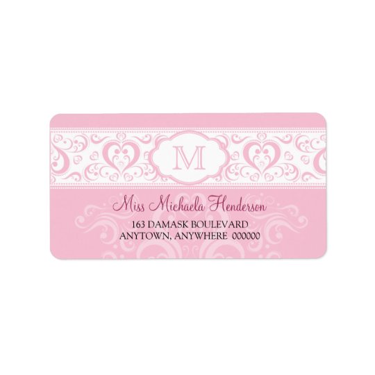 Rosa damastast Monogramadressetikett Adressetikett
