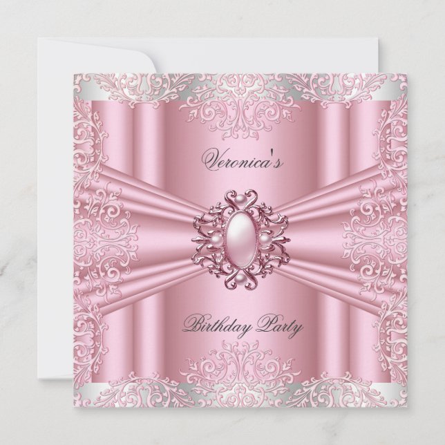 Rosa Damastspets Pärl Diamant Födelsedagsfest Inbjudningar (Framsida)