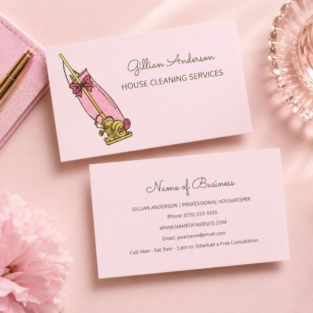 Rosa Dammått Husstädning Visitkort (Pink Vacuum House Cleaning Business Card
)