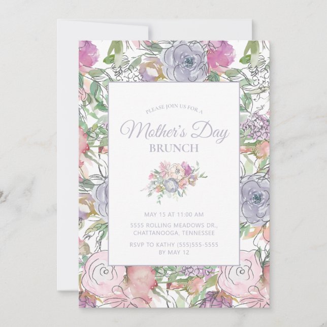 Rosa dammig blå handritad blommande mors dag inbjudningar (Framsida)
