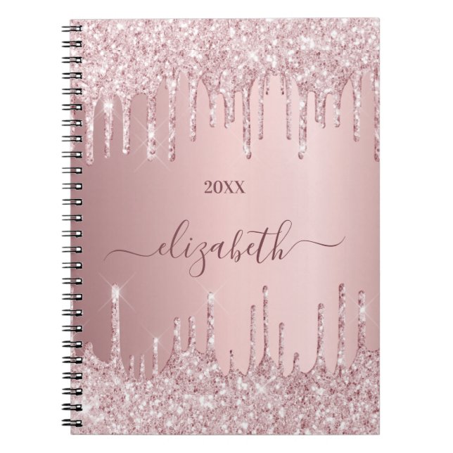 Rosa dammig ro glitter droppar monogram anteckningsbok (Framsidan)