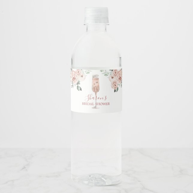 Rosa dammig rosakronblad och Prosecco vattenflaska Vattenflaskor Etikett (Framsida)