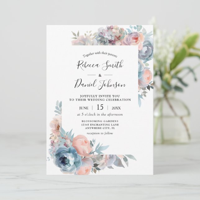 Rosa & dammiga blå rosor akvarell blommande bröllo inbjudningar (Stående Fram)