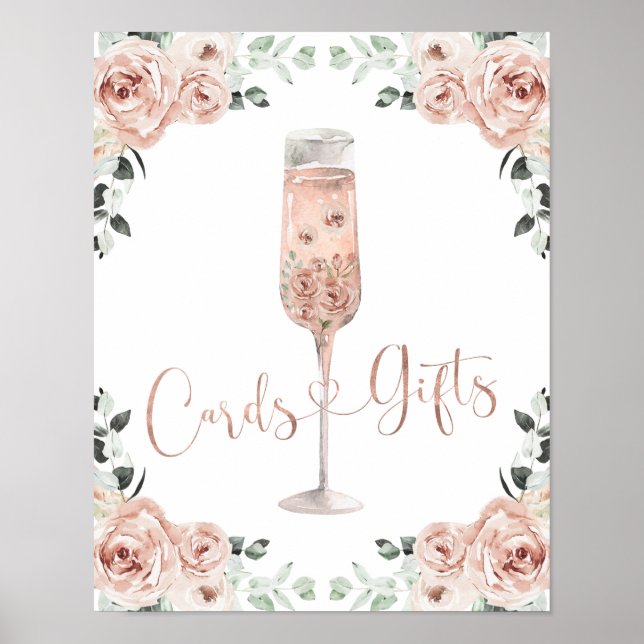 Rosa dammiga rosblommor Prosecco Kort och presente Poster (Framsidan)