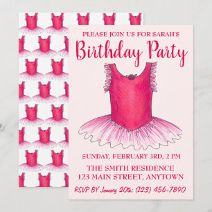 Rosa Dance Ballerina Tutu Ballet Födelsedagsfest  Inbjudningar