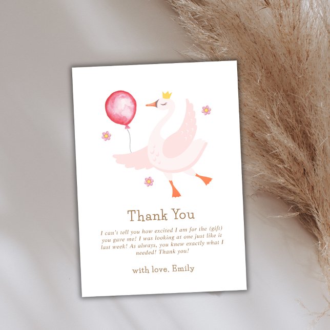 Rosa Dancing Princess Svan Balloon Baby Shower Tack Kort (Pink Dancing Princess Swan Balloon Baby Shower Thank You Card)