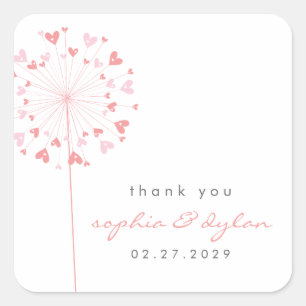 Rosa Dandelion Flower Kärlek Hearts, Bröllop, somm Fyrkantigt Klistermärke