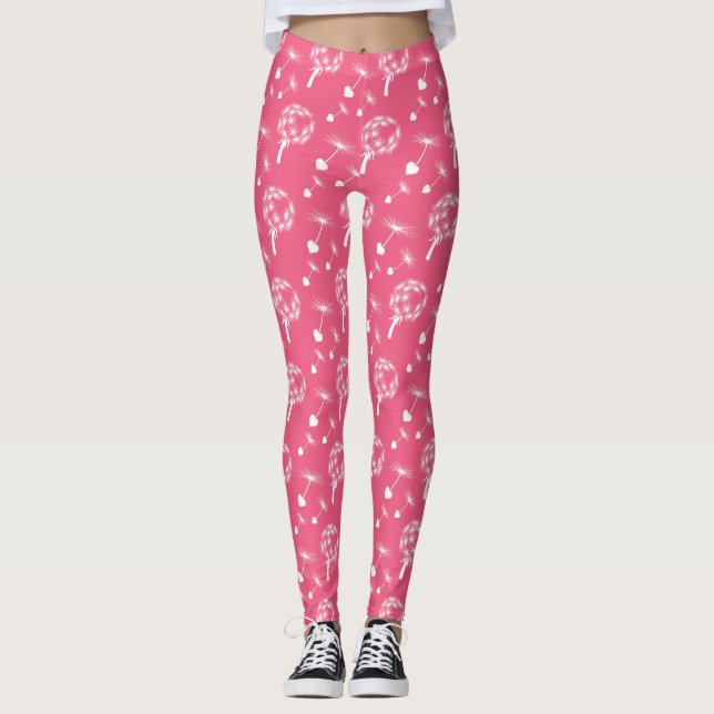 Rosa Dandelion Heart Seeds Mönster Leggings (Framsida)
