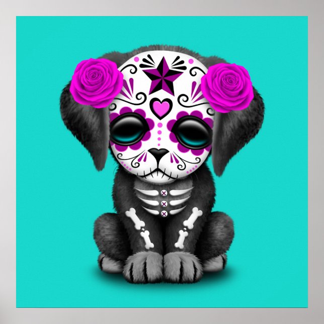 Rosa Day of the dead Puppy Hund Poster (Framsidan)