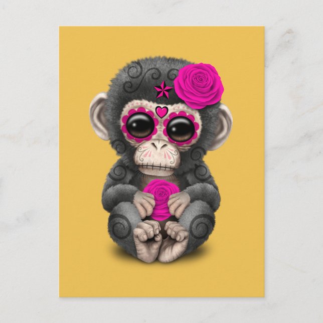 Rosa Day of the dead Sugar Skull Baby Chimp Vykort (Framsida)