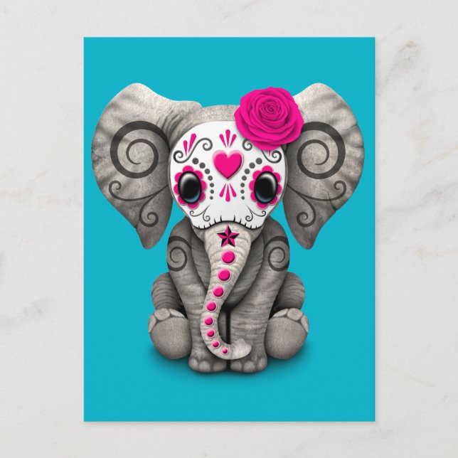 Rosa Day of the dead Sugar Skull Baby Elephant Vykort (Framsida)
