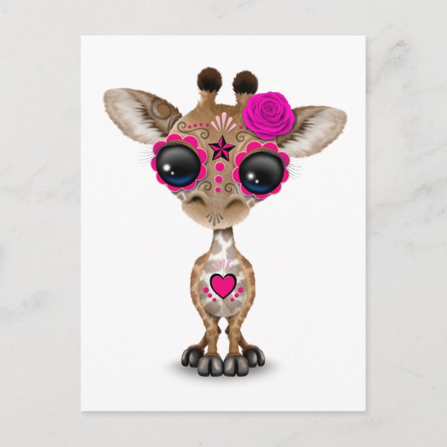 Rosa Day of the dead Sugar Skull Baby Giraffe Vykort (Framsida)