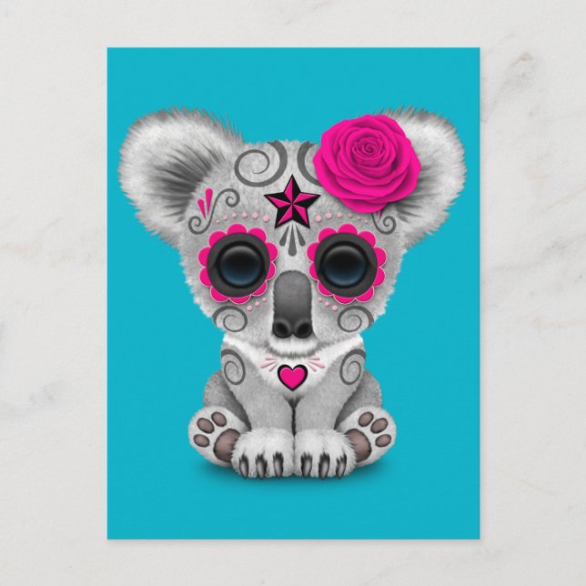 Rosa Day of the dead Sugar Skull Baby Koala Vykort (Framsida)