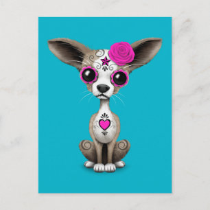 Rosa Day of the dead Sugar Skull Chihuahua Puppy Vykort