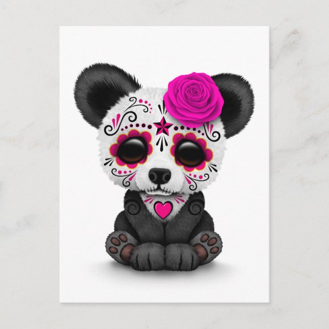 Rosa Day of the dead Sugar Skull Panda on White Vykort (Framsida)