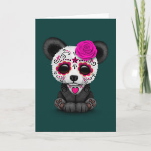 Rosa Day of the dead Sugar Skull Panda på Teal Kort