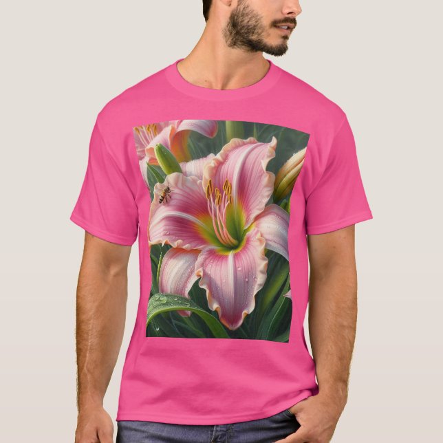 Rosa Daylily Blommigt T Shirt (Framsida)