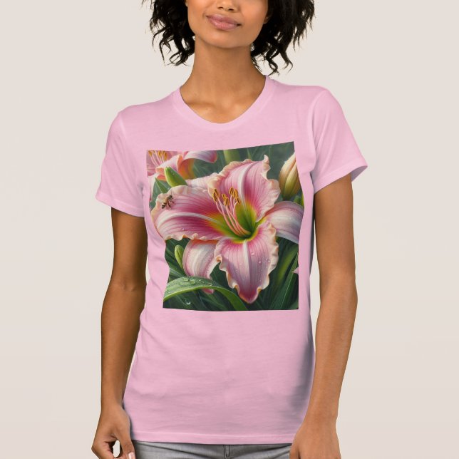 Rosa Daylily Blommigt T Shirt (Framsida)