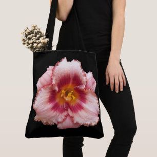 Rosa Daylily Bloom på svart Blommigt Tygkasse