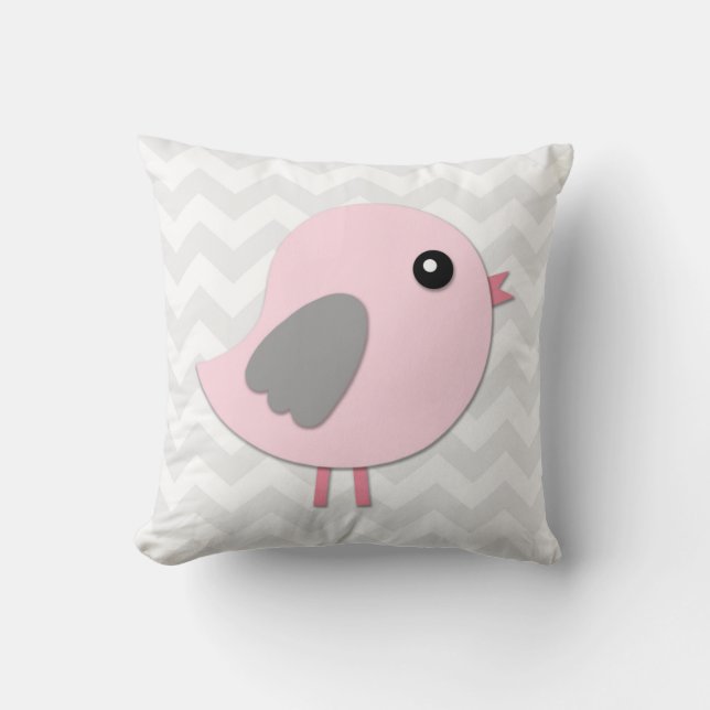 Rosa dekorativ kudde för grå färgfågelbarnkammare (Framsida)