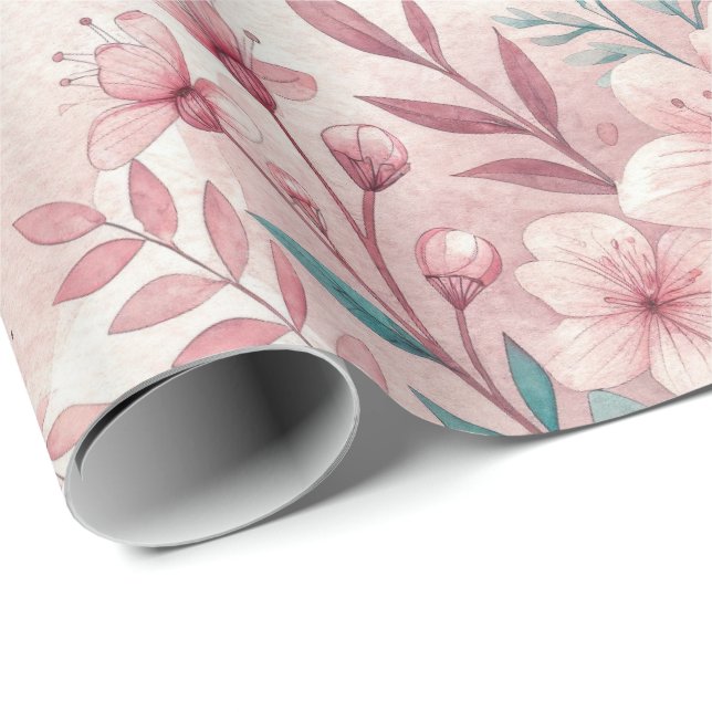 Rosa Delikat Flowers Wrapping Papper Roll Presentpapper (Rullad Hörn)