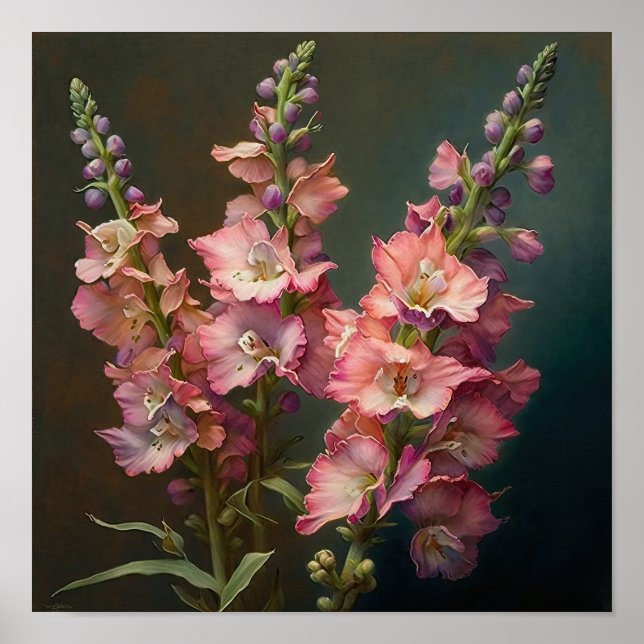 Rosa Delphinium Flower Art Print Poster (Framsidan)