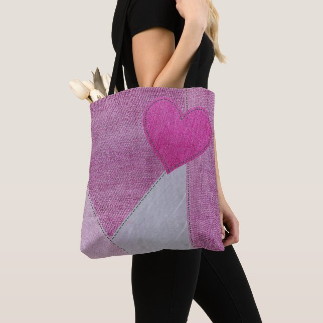 Rosa Denim Heart Tote Bag Tygkasse (Närbild)