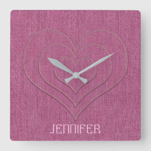 Rosa Denim Jeans Fabric 3 Hearts Personlig Namn Fyrkantig Klocka