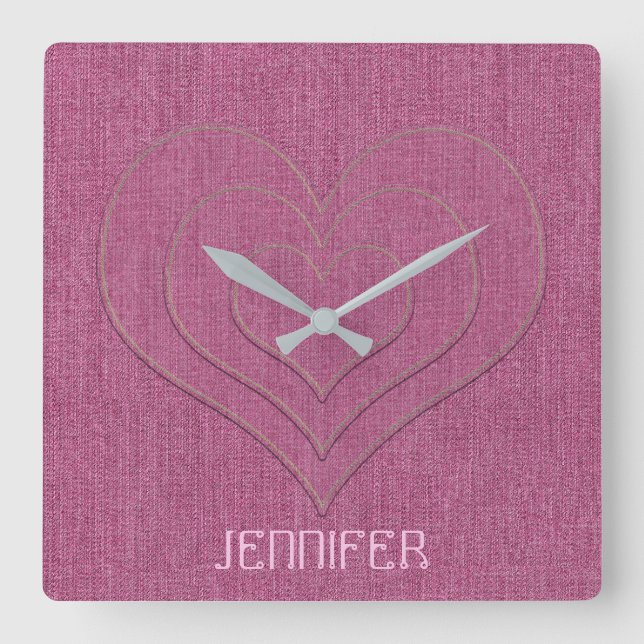 Rosa Denim Jeans Fabric 3 Hearts Personlig Namn Fyrkantig Klocka (Framsida)