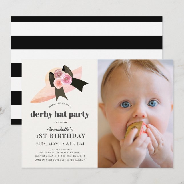 Rosa Derby Hat Ro 1:a födelsedag Party Foto Inbjudningar (Fram/baksida)