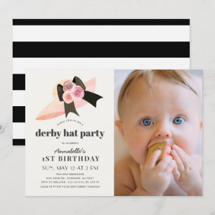 Rosa Derby Hat Ro 1:a födelsedag Party Foto Inbjudningar