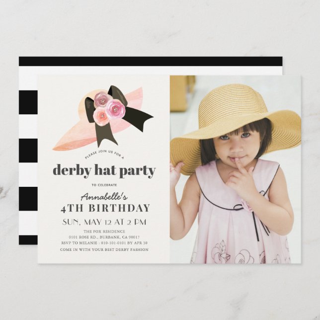 Rosa Derby Hat Ro 1:a födelsedag Party Photo Invit Inbjudningar (Fram/baksida)