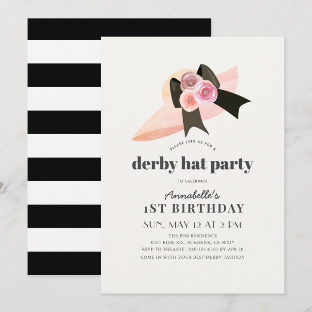 Rosa Derby Hat Ro 1:a födelsedagen Party Inbjudningar (Fram/baksida)