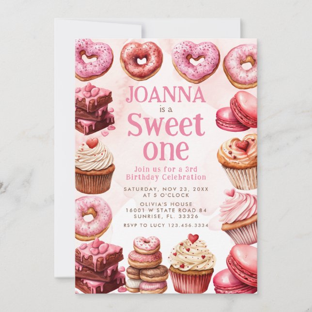 Rosa Desserts Sweet One Firande First Birthday Inbjudningar (Framsida)