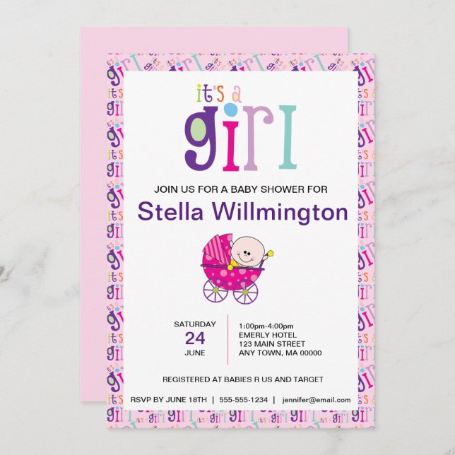Rosa Det är en flicka Baby Carriage Polka Dot Möns Inbjudningar (Fram/baksida)