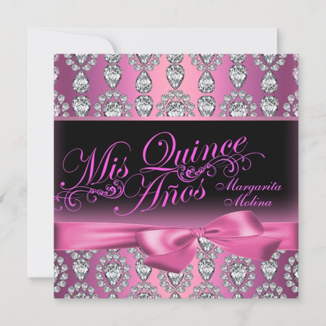 Rosa diamant & båge Quinceanera inbjudan (Framsida)