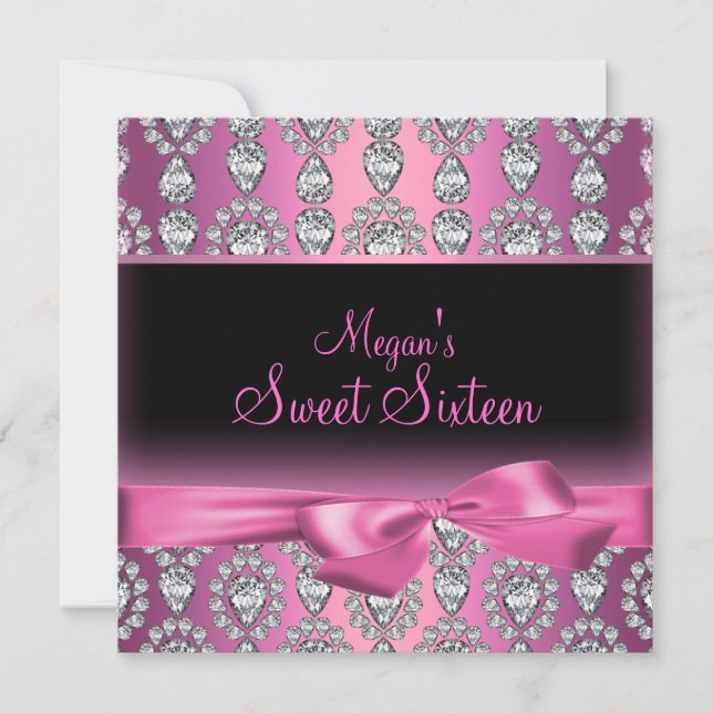 Rosa Diamant & Bow Sweet Sixteen Inbjudan (Framsida)