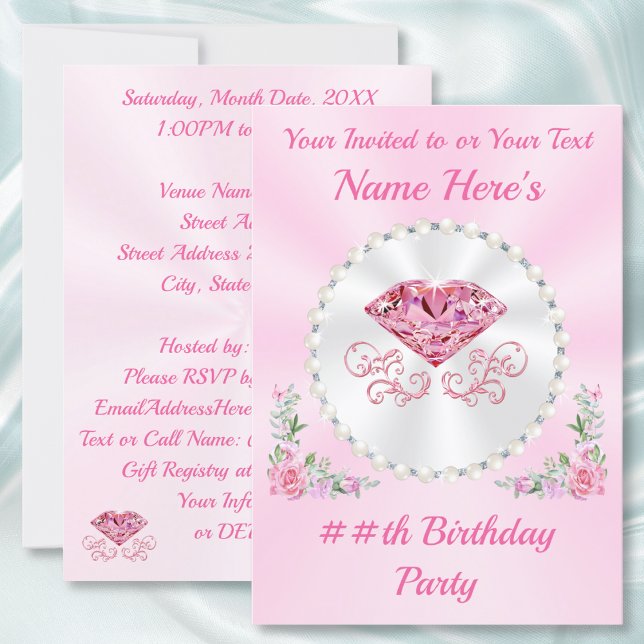 Rosa, diamant och pärlor födelsedagsinbjudningar, inbjudningar (Personalised Birthday Invitations for her, mum, daughter, grandmother. 30 year birthday invitations.)