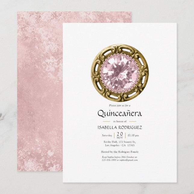 Rosa Diamant Quinceañera Inbjudningar (Fram/baksida)