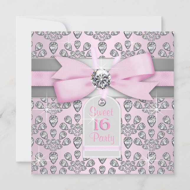 Rosa diamant Rosa och grå Sweet 16 födelsedag Inbjudningar (Framsida)