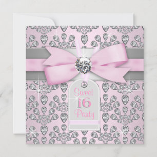 Rosa diamant Rosa och grå Sweet 16 födelsedag Inbjudningar