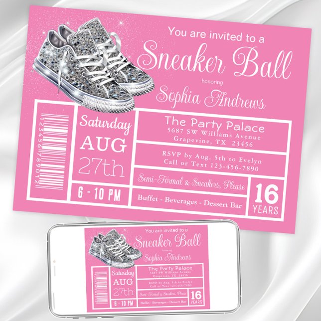 Rosa diamant-sneakerbal-födelsedagsfest inbjudningar (Pink sneaker ball invitation. Instant download and printed invitations available.)