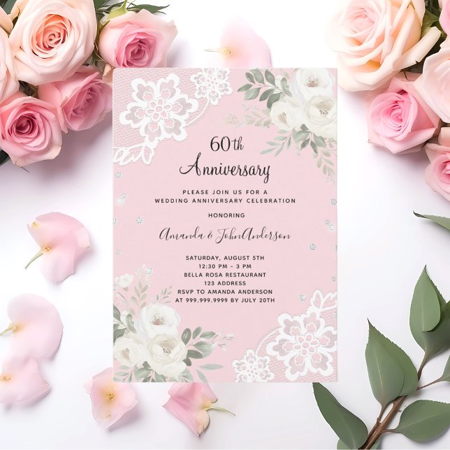 Rosa diamanter blommigtar 60:e bröllop-årsdagen inbjudningar (Skapare uppladdad)