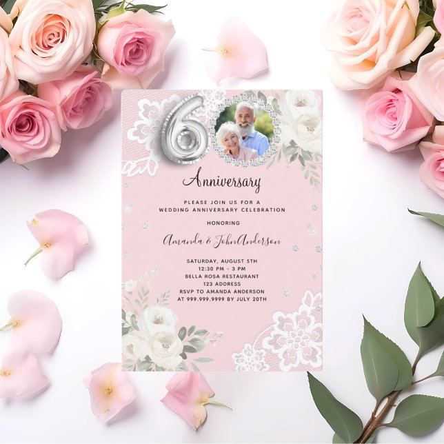 Rosa diamanter blommor 60-års bröllopsjubileum inbjudningar (Skapare uppladdad)